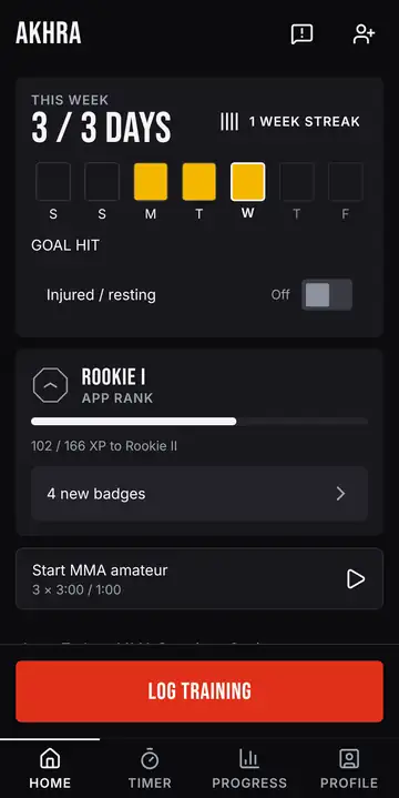 Akhra home screen: 3 of 3 training days this week, a one-week streak and the Rookie I app rank with an XP bar