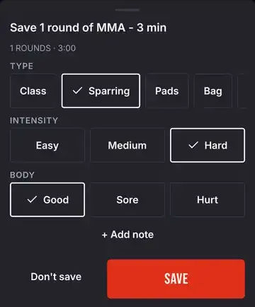 Log training screen: choose today, discipline, session type and duration, then Save